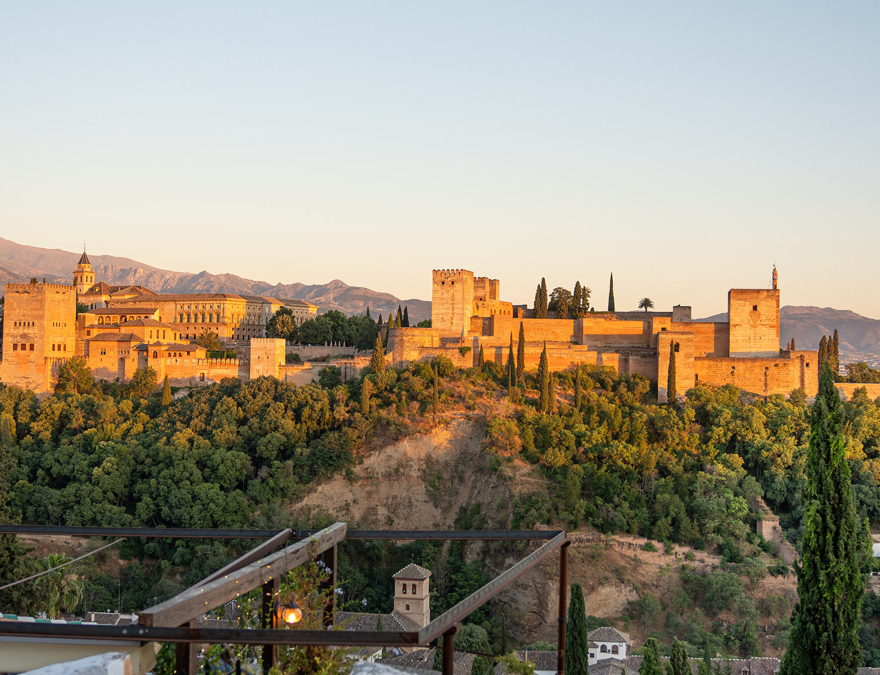 Golden sunset colors shining on Alhambra in Granada.