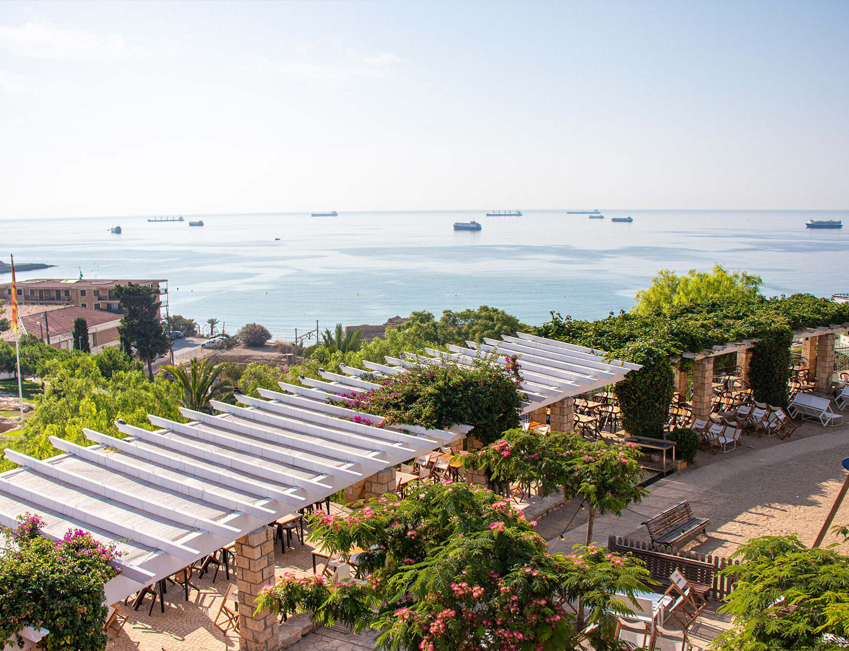 Close terrace in the middle of a day and sea view on Elba island in Italy.