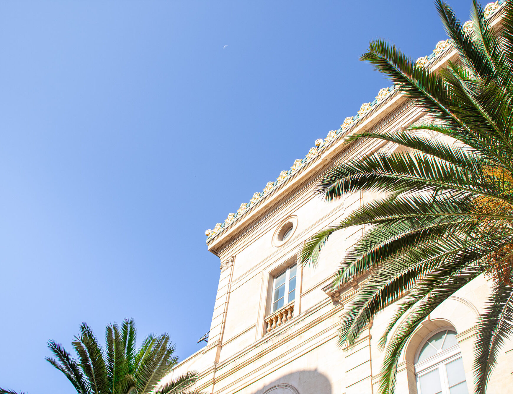 Symmetrical building in city Toloun, in France. Blue sky and palm trees behind it.